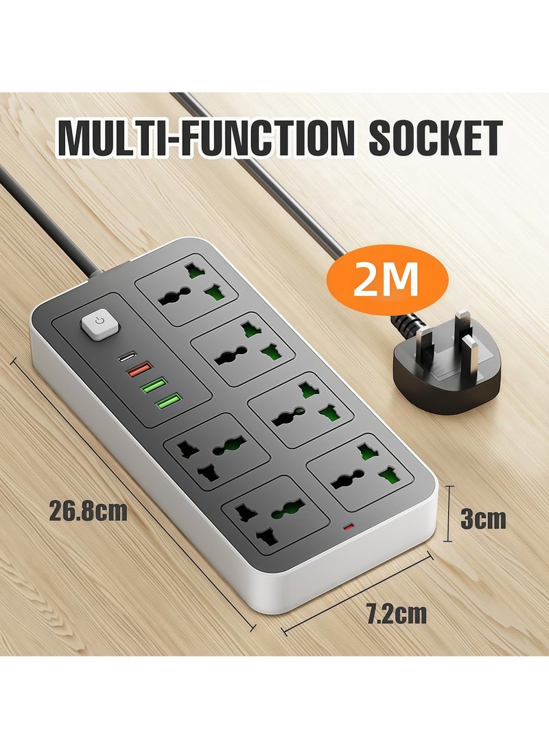 Lesha Universal Extension Lead with Multiple Function, UK 3 Pin Socket Outlet with 6 Gang | 3 USB Ports | 1 Type-C Port), Power Extension Cable, 2M Electric Socket Mains Strip for Home,Kitchen,and Office - Image 4